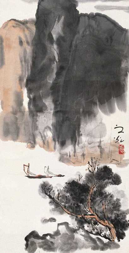 谢之光 峡江出帆 立轴